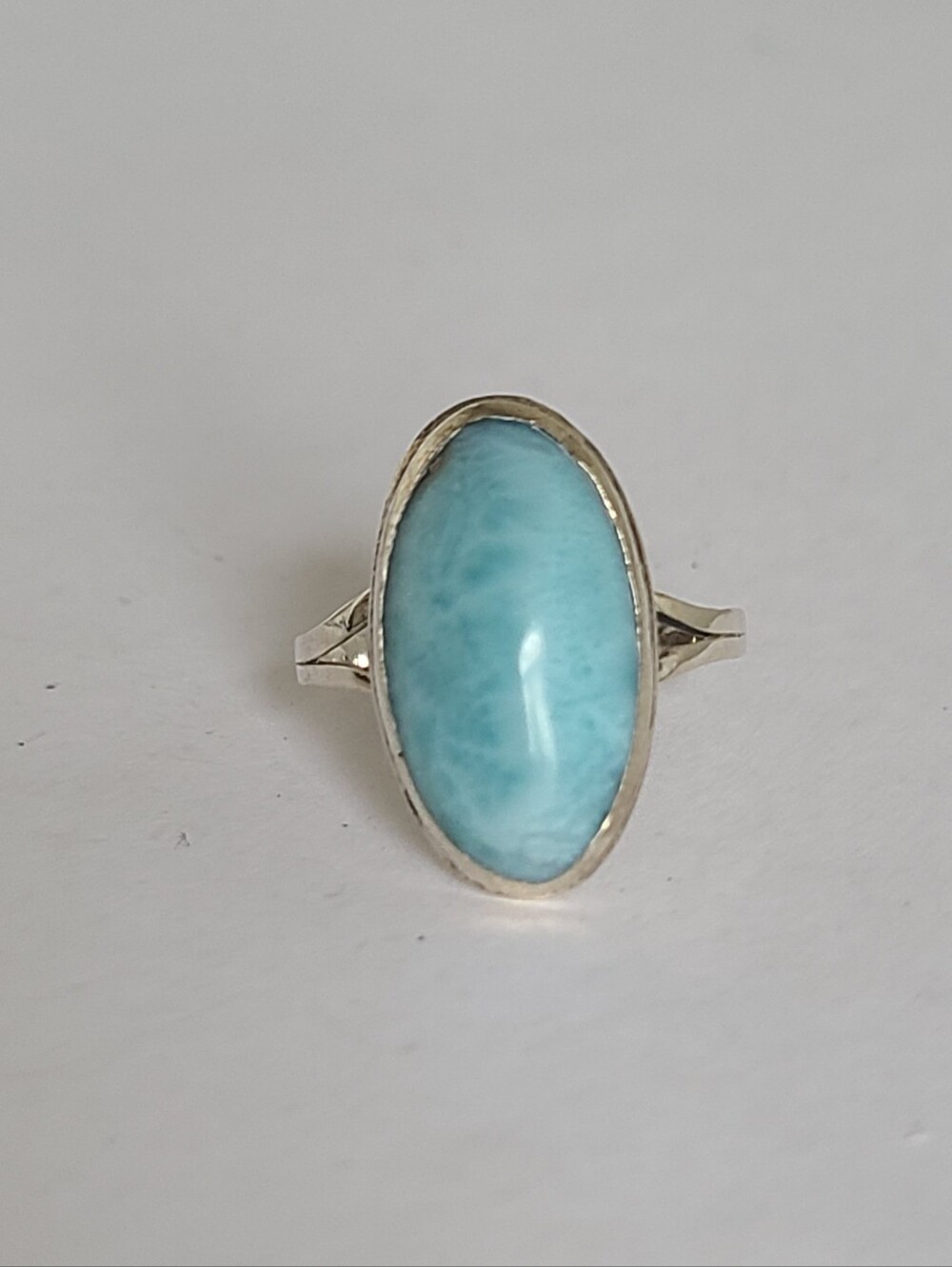 Chunky Sterling Silver Boho Western Blue Larimar Gemstone Oval Split Shank Ring